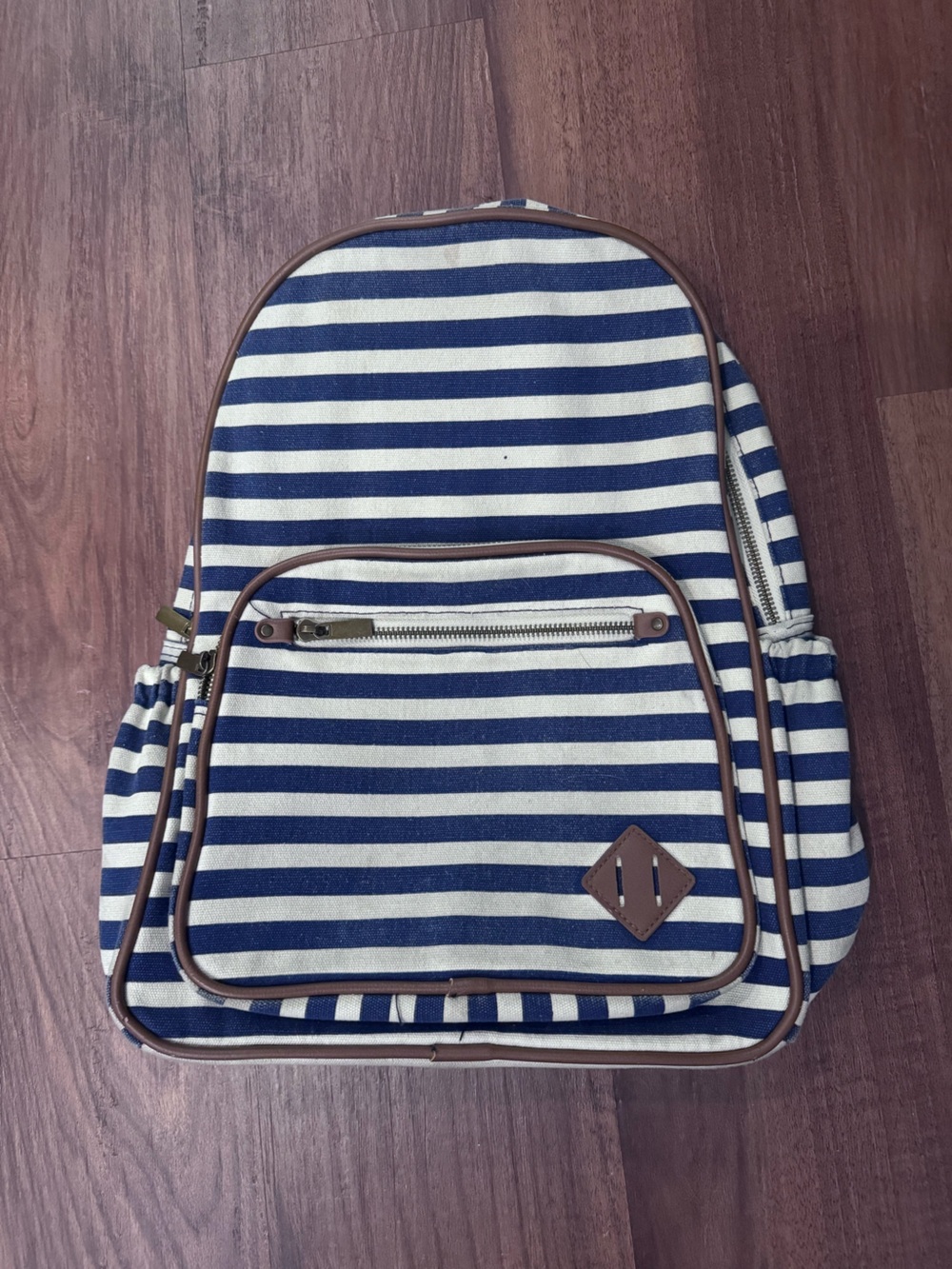 Striped Navy & White Canvas Backpack with Brown Trim